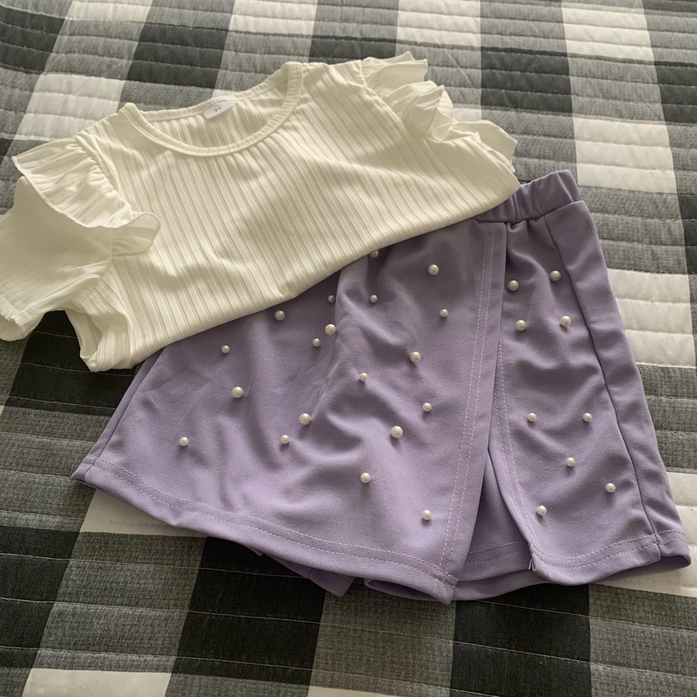 White Ruffle Top and Purple Pearl-Embellished Shorts Set